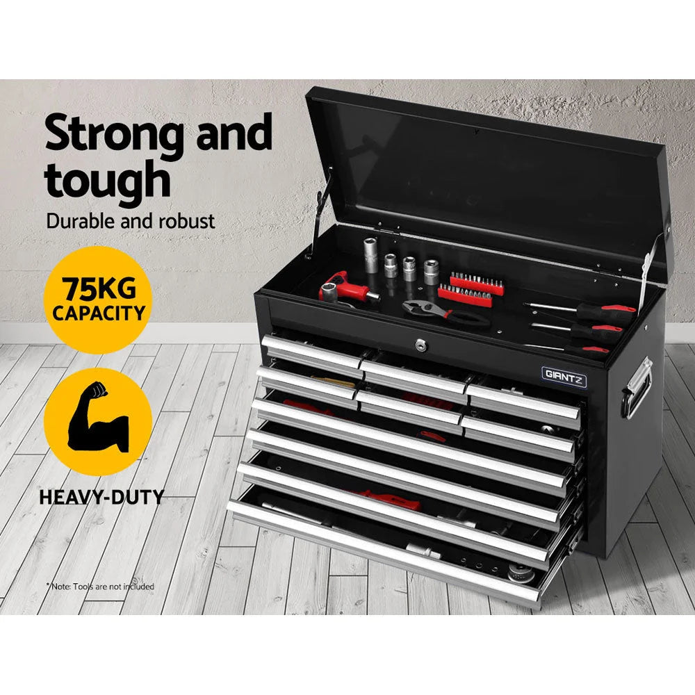 Black drawer cabinet with doors and organised storage compartments