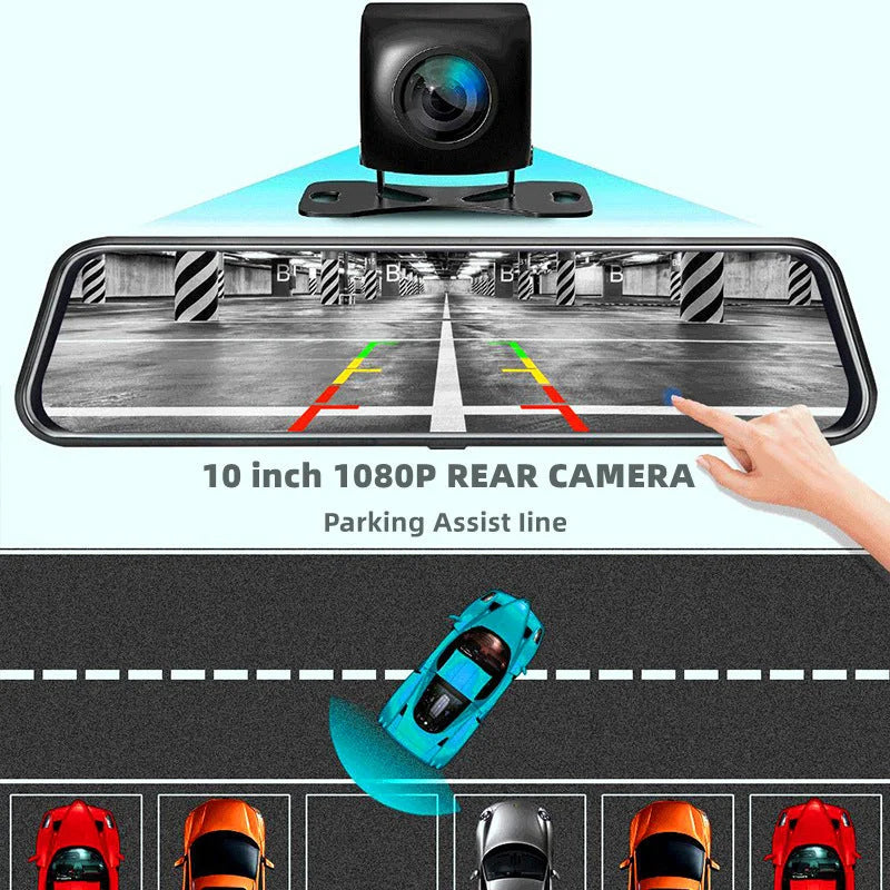 10-Inch Dual Lens Dash Cam Mirror - 1080P FHD Touch Screen