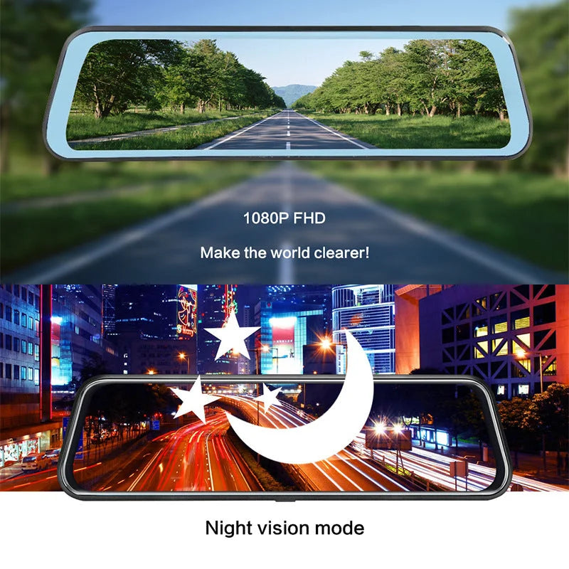 10-Inch Dual Lens Dash Cam Mirror - 1080P FHD Touch Screen