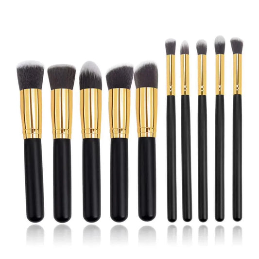 10-Piece Black and Gold Makeup Brush Set - Large and Small