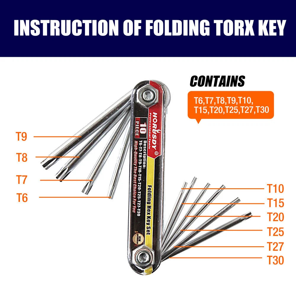 10-Piece Folding Torx Key Wrench Set - T6-T30 Star Keys