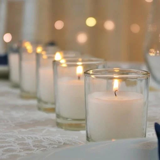 10 White Wax Clear Glass Holder Votive Candle - Wedding