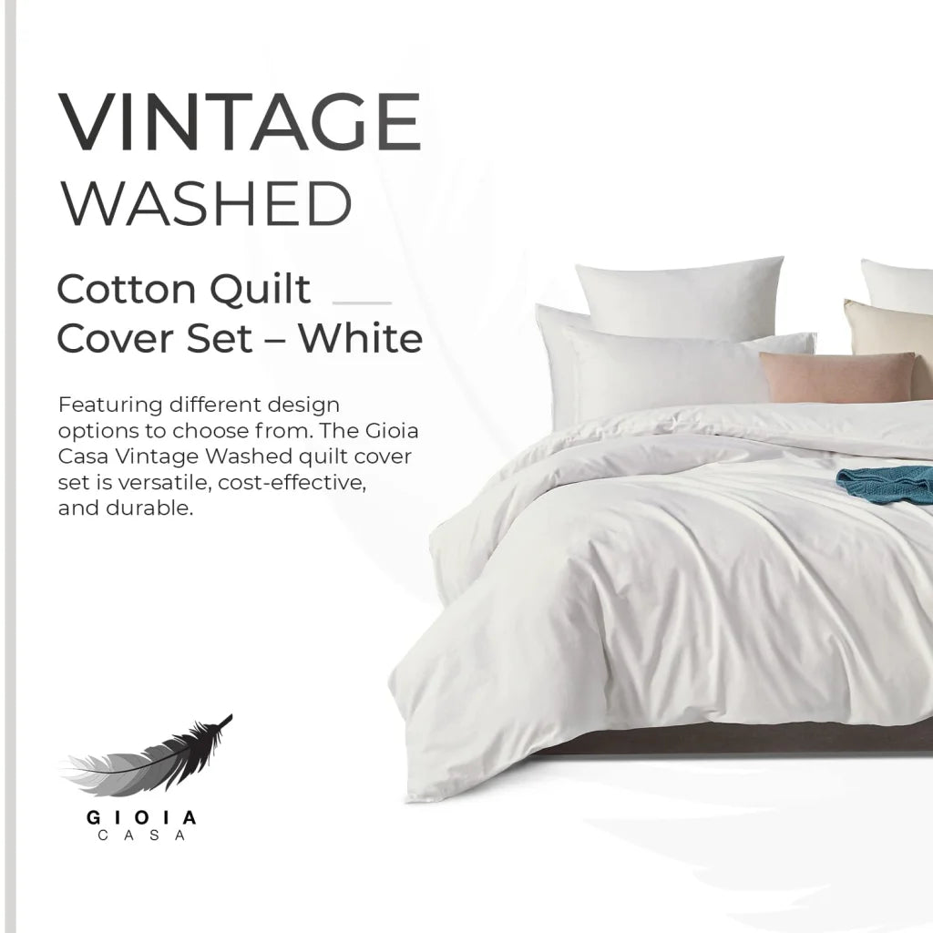 100% Cotton Vintage Washed Bed Quilt Cover Set - White