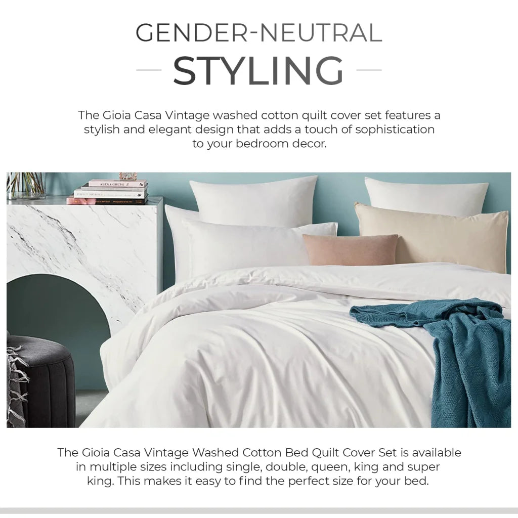 100% Cotton Vintage Washed Bed Quilt Cover Set - White