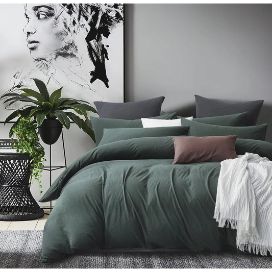 100% Jersey Cotton Quilt Cover Set - Green - Queen - Home &
