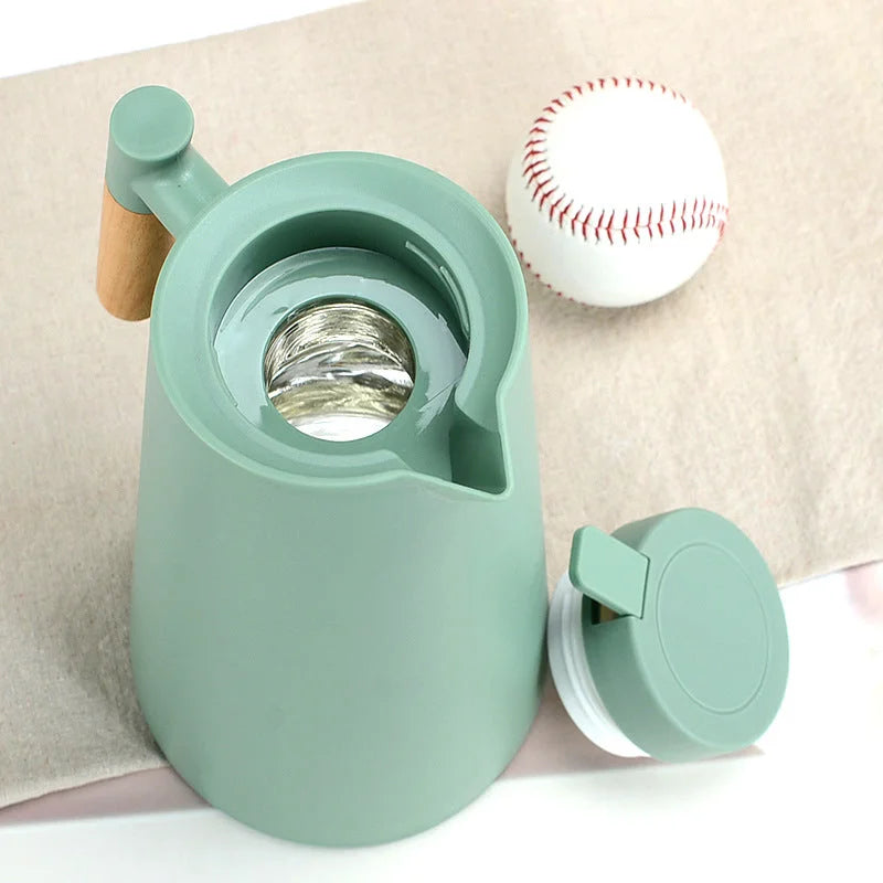 1000ml Bamboo Green thermos bottle with wooden handle
