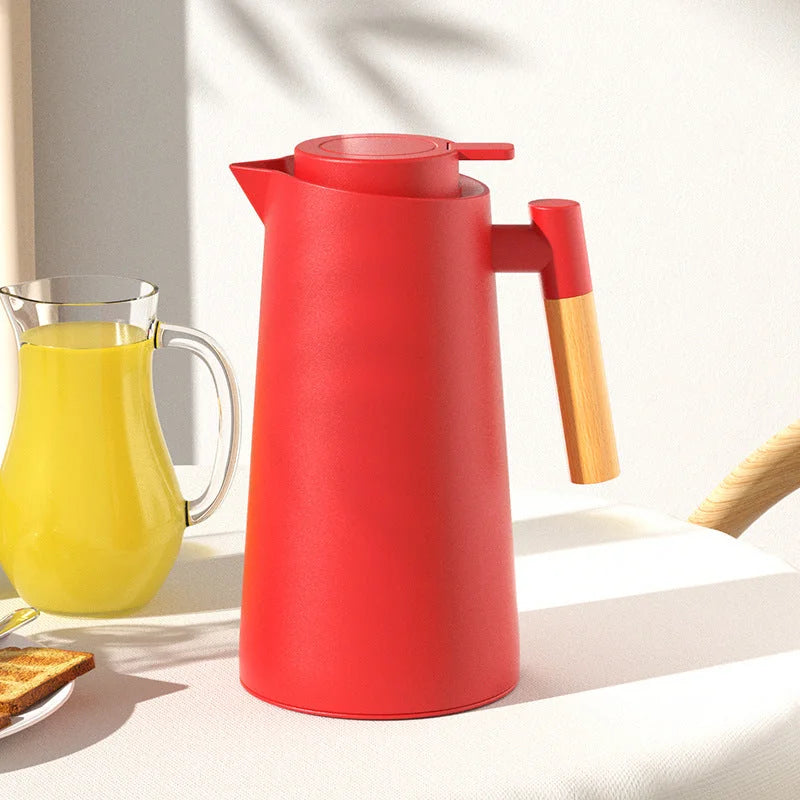 1000ml Red thermos bottle with wooden handle double
