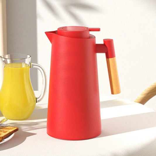 1000ml Red thermos bottle with wooden handle double