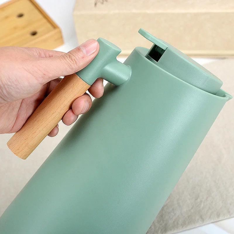 1000ml Red thermos bottle with wooden handle double-layer