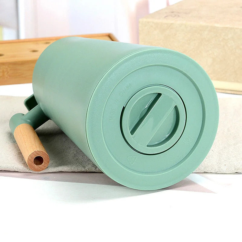 1000ml White thermos bottle with wooden handle double-layer