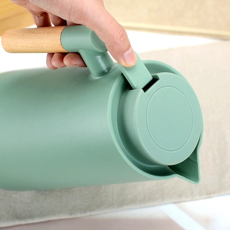 1000ml White thermos bottle with wooden handle double-layer