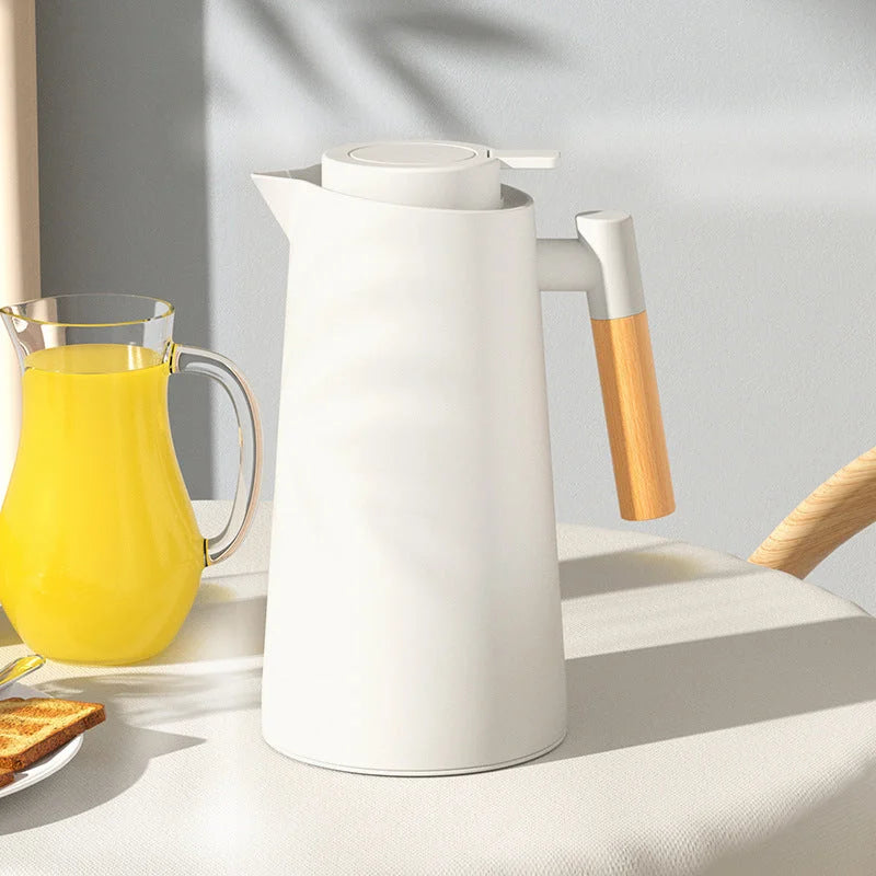 1000ml White thermos bottle with wooden handle double