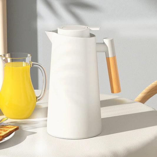 1000ml White thermos bottle with wooden handle double