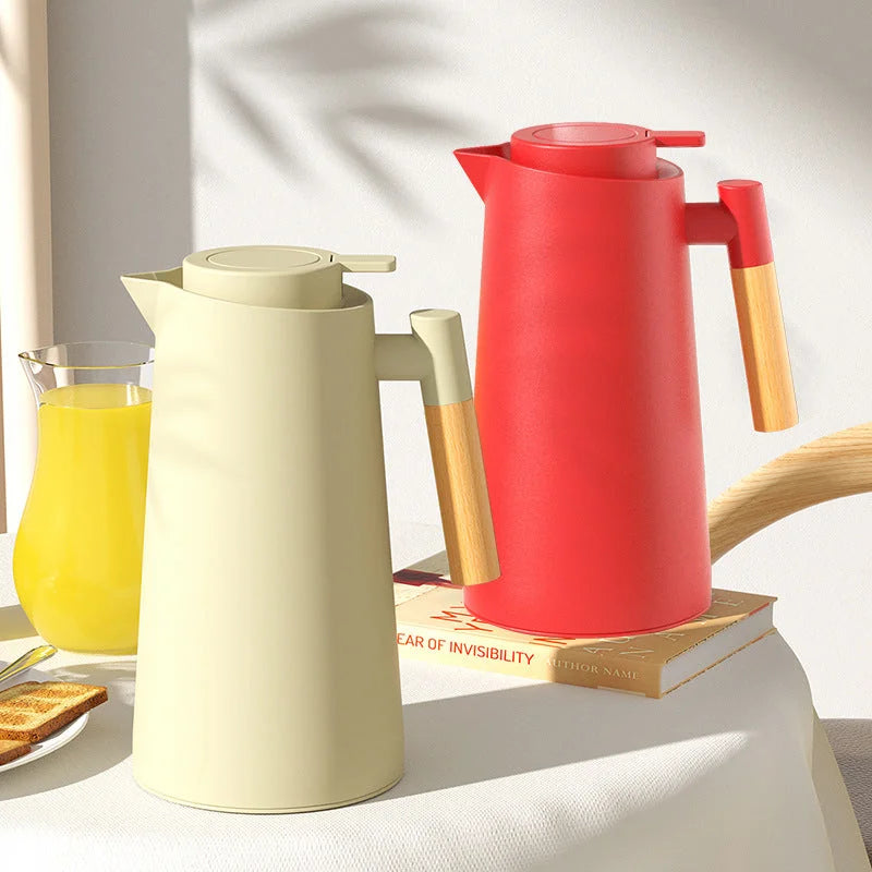 1000ml White thermos bottle with wooden handle double layer