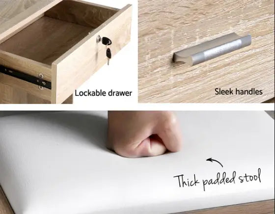 Close-ups of a dressing-table lockable drawer, handle and padded stool.