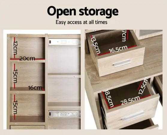 Dressing-table storage compartments and open drawers with dimension labels.