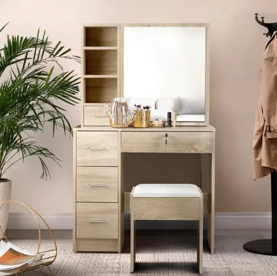 Wood-effect dressing table with mirror, storage drawers and a padded stool.
