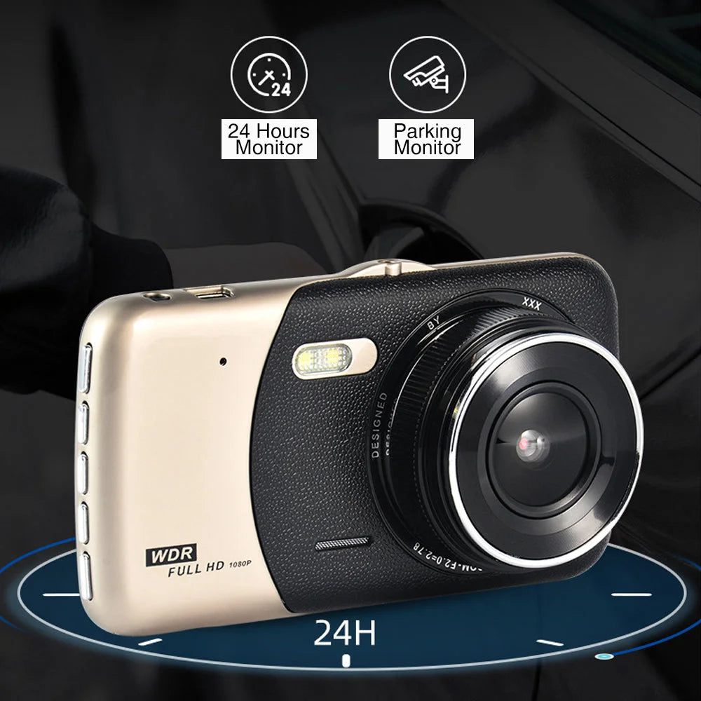 Dash camera with screen display and front lens housing