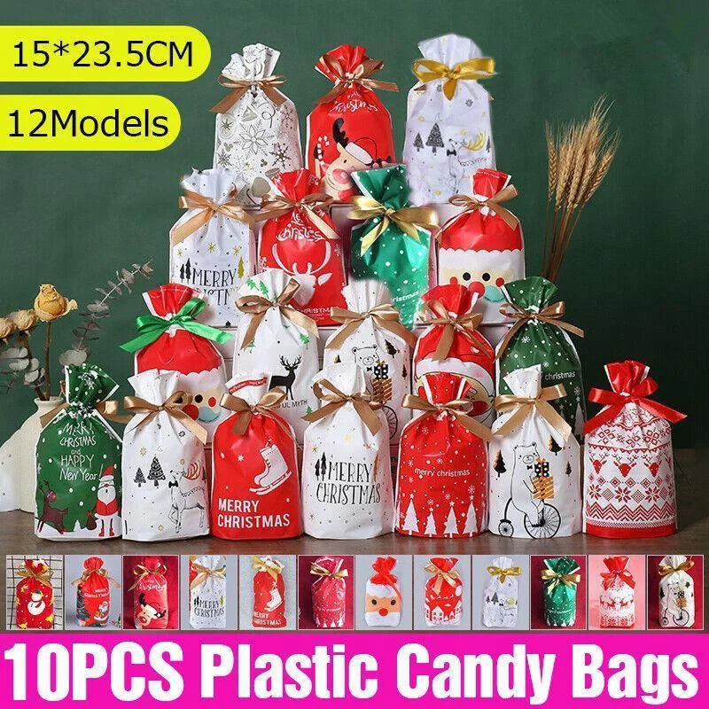 10pcs Christmas Candy Bags Gift Treat Drawstring Pouches