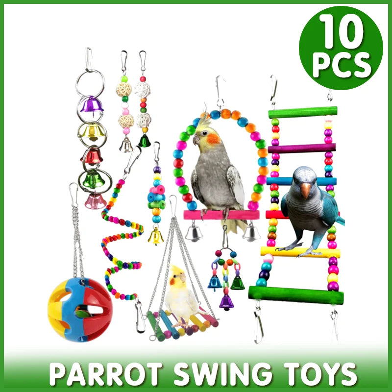 10pcs Parrot Toys Set Swing Ladder Chew Bell Toys
