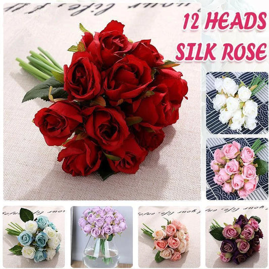 12 Heads Silk Rose Artificial Flowers Fake Bouquet