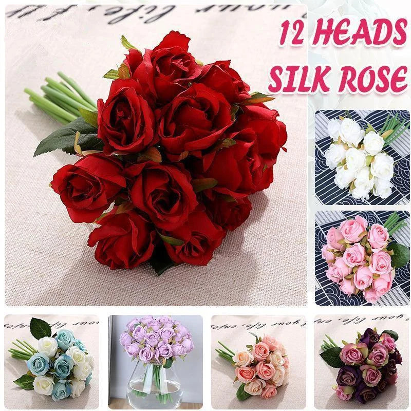 12 Heads Silk Rose Artificial Flowers Fake Bouquet
