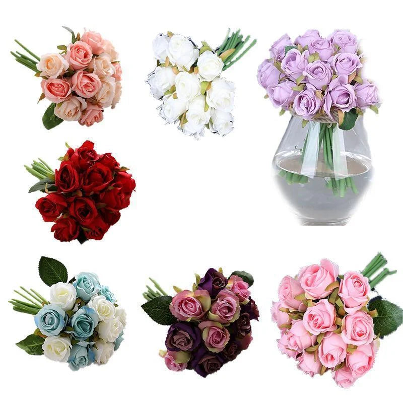 12 Heads Silk Rose Artificial Flowers Fake Bouquet