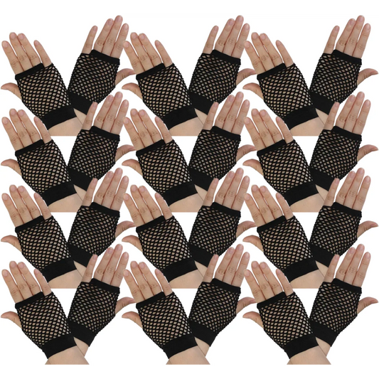 12 Pair Fishnet Gloves Fingerless Wrist Length 70s 80s