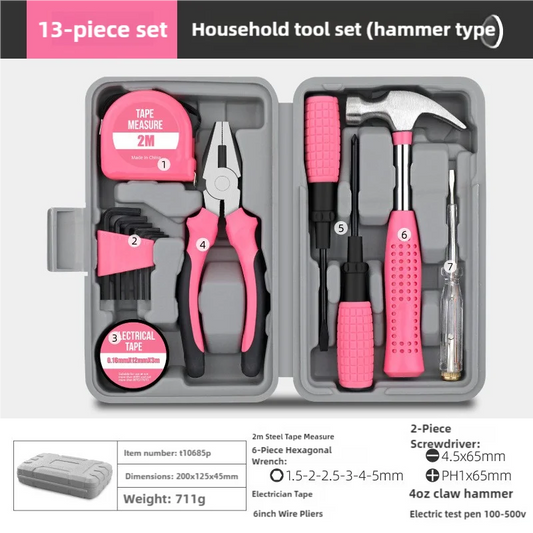 13-Piece Pink Household Tool Set Complete Home Repair Kit