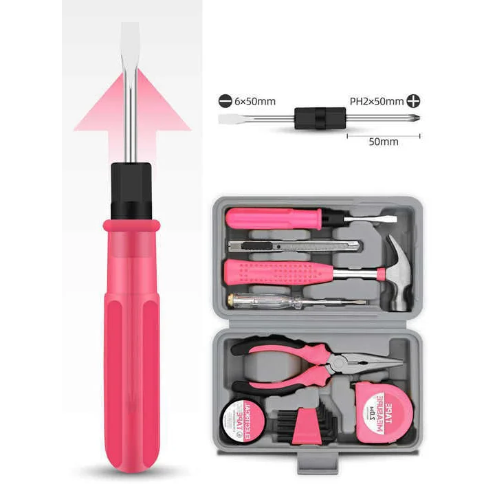 13-Piece Pink Household Tool Set Complete Home Repair Kit