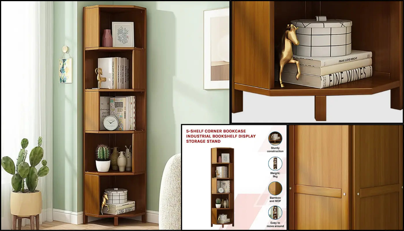 Industrial Corner Bookcase 5-Shelf Bookshelf Display