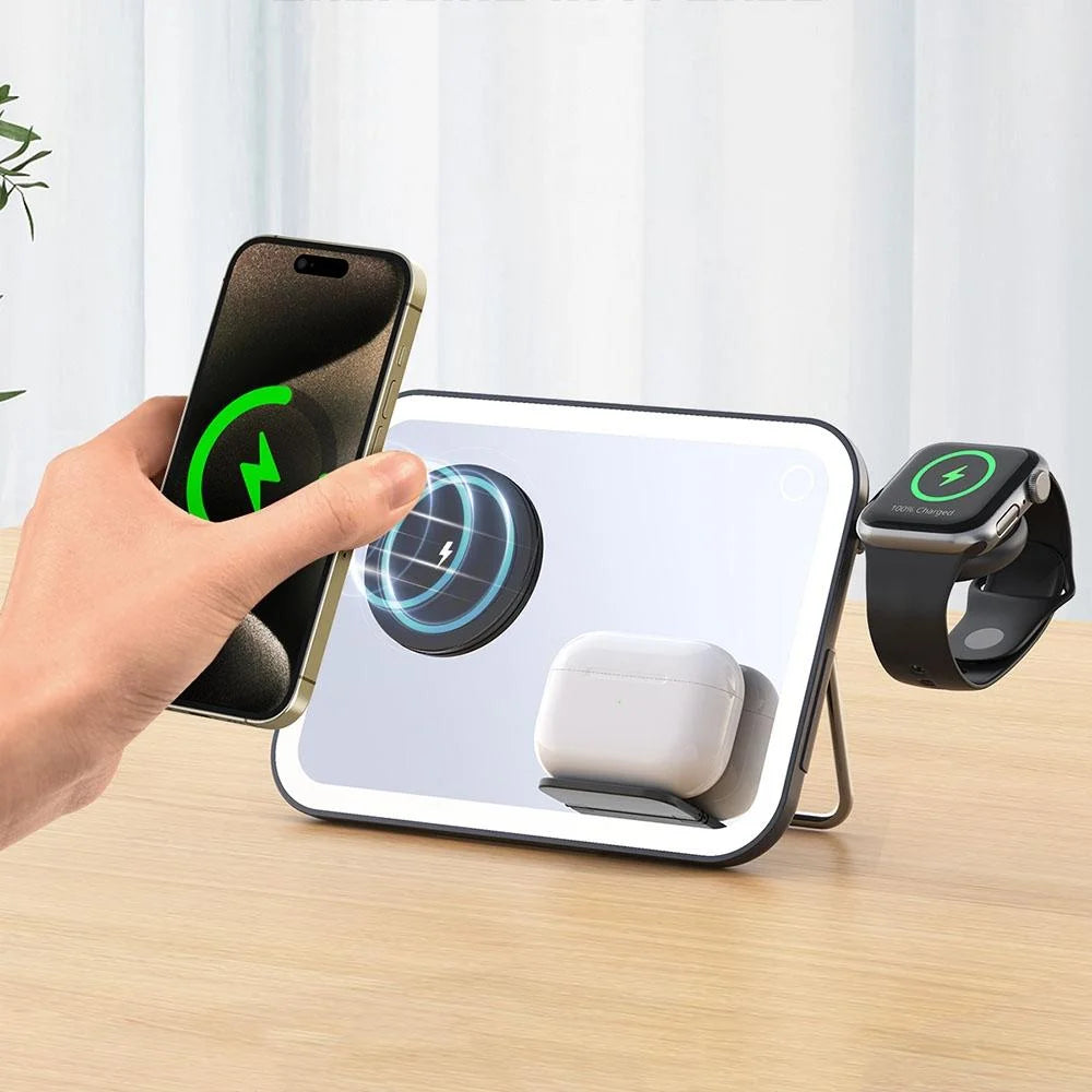 15W 3 In 1 Magnetic Led Makeup Mirror Charger - Black