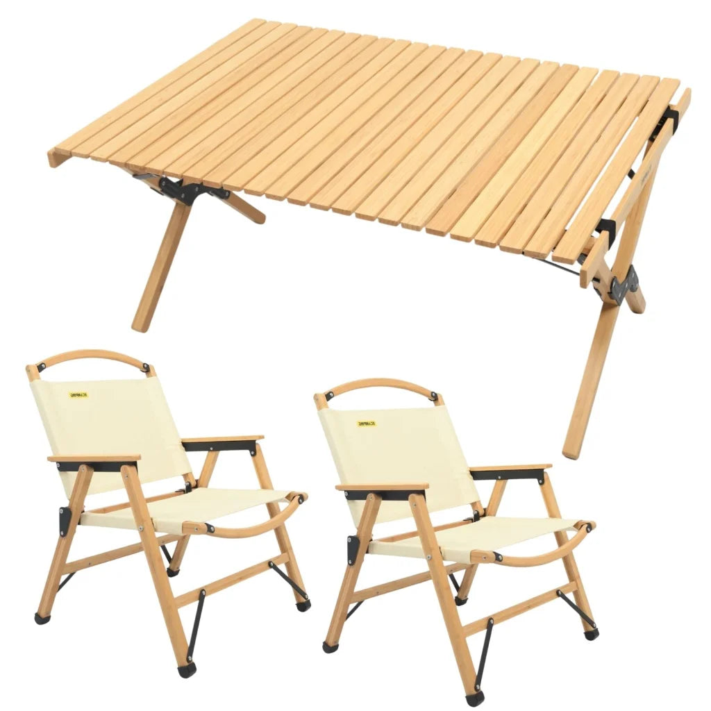 2 Chairs & 1 Table Set Bamboo Camping Folding Portable