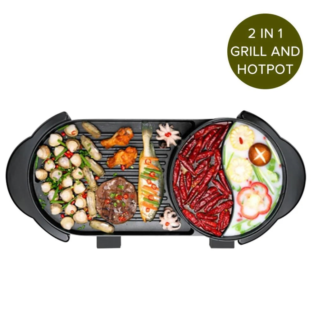 2-in-1 Non-Stick BBQ Teppanyaki Grill Plate Steamboat Dual Sided Hotpot - Premium