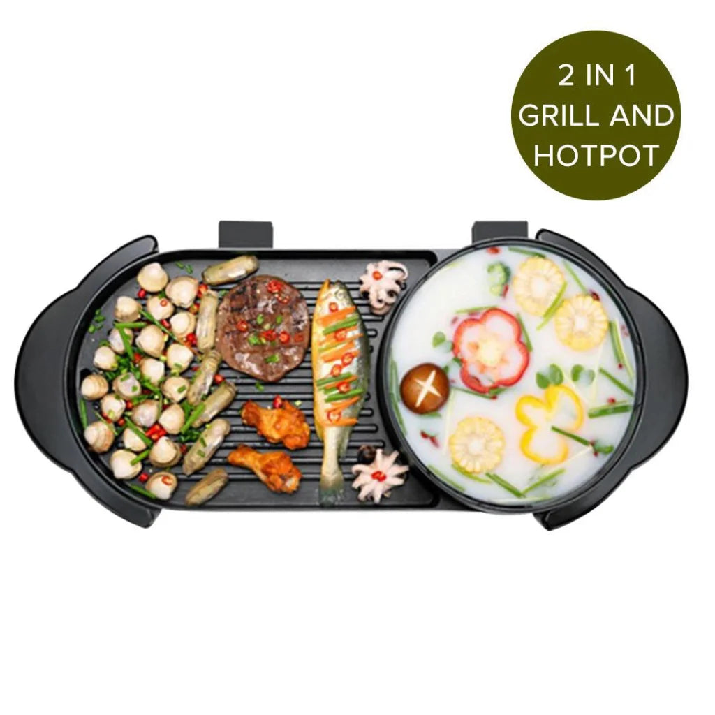 2-in-1 Non-Stick BBQ Teppanyaki Grill Plate Steamboat Hotpot 2-8 Person - Premium