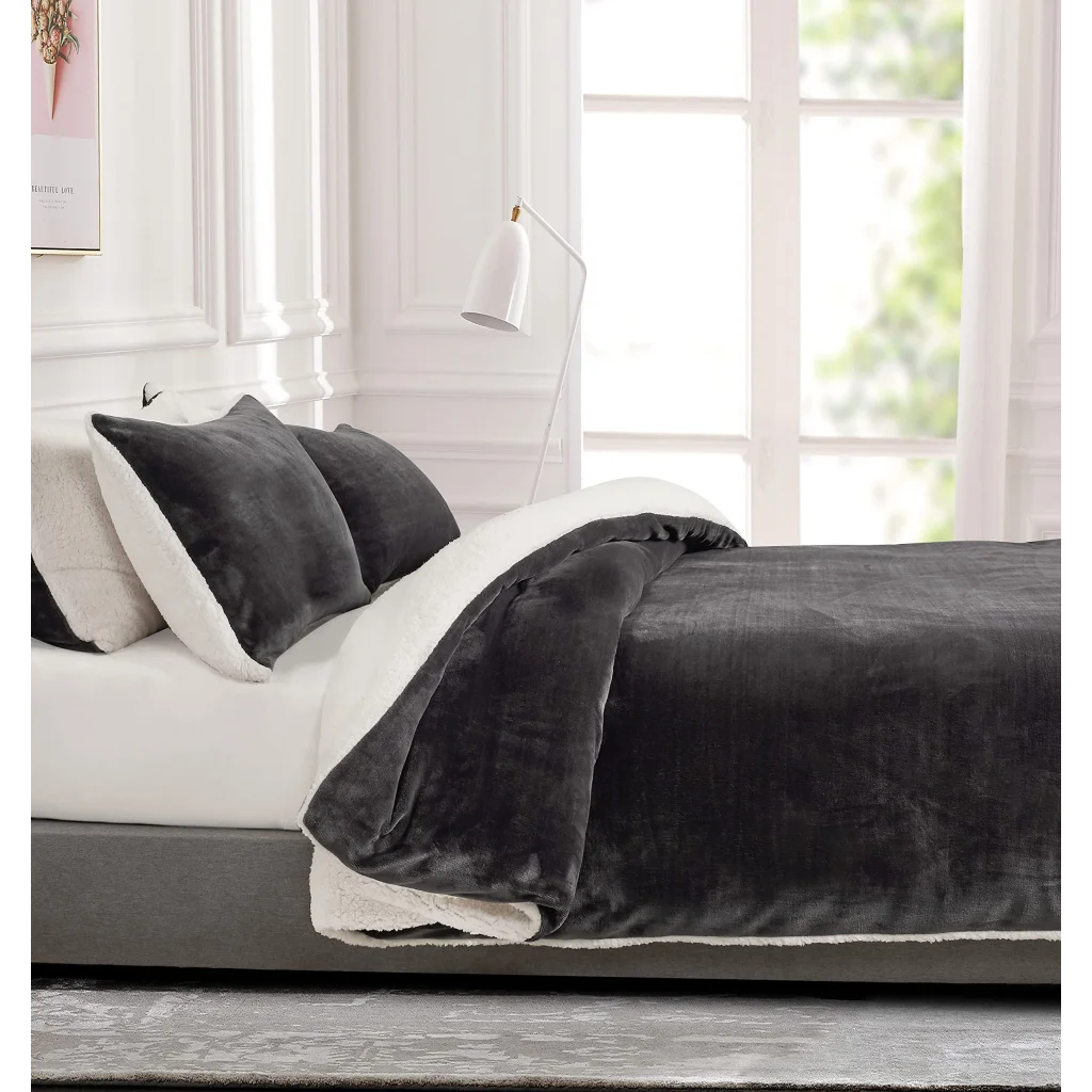2-in-1 Teddy Sherpa Quilt Cover Set (Charcoal Super King)