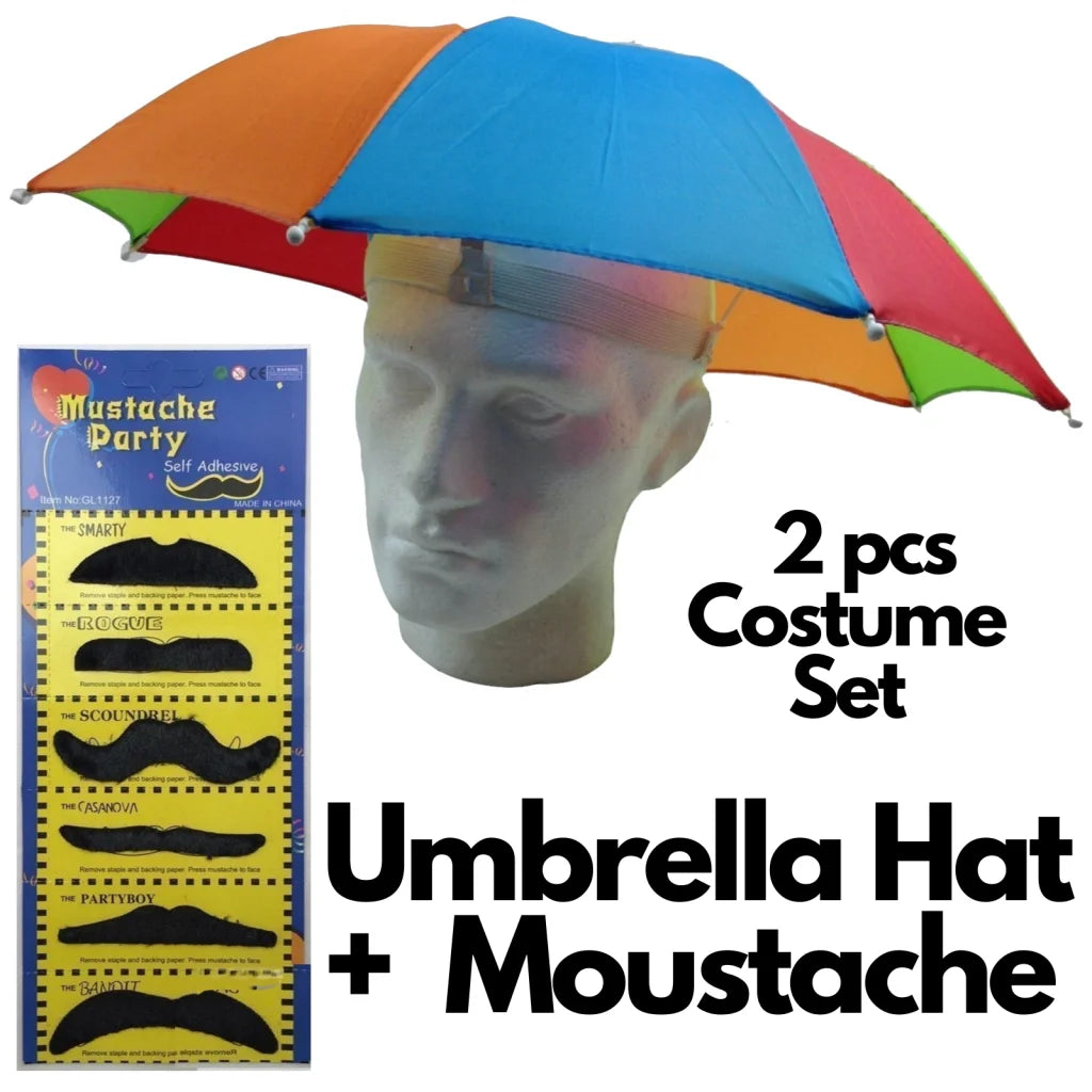 2-pc-Set Rainbow Umbrella Hat + 70s Fake Moustache Costume
