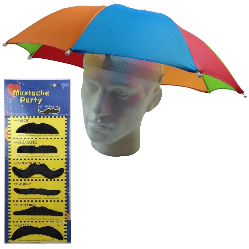 2-pc-Set Rainbow Umbrella Hat + 70s Fake Moustache Costume