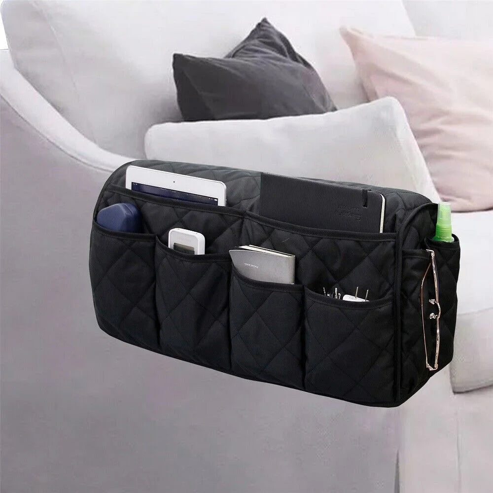 2 Pcs Black Quilted Sofa Armrest Organizer Caddy