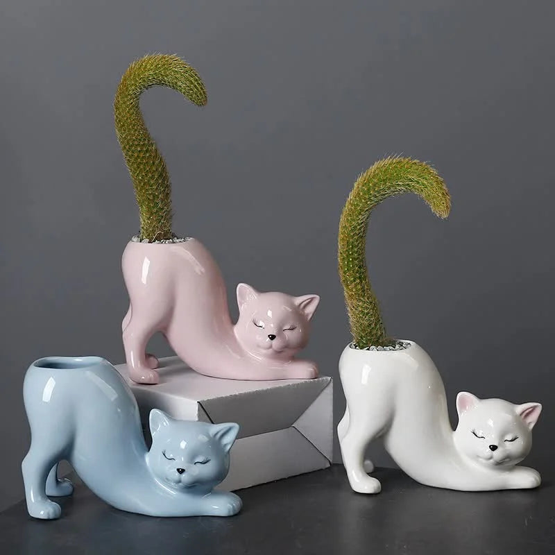 2 PCS Blue Cute Cat Ceramic Flower Pot - Decorative