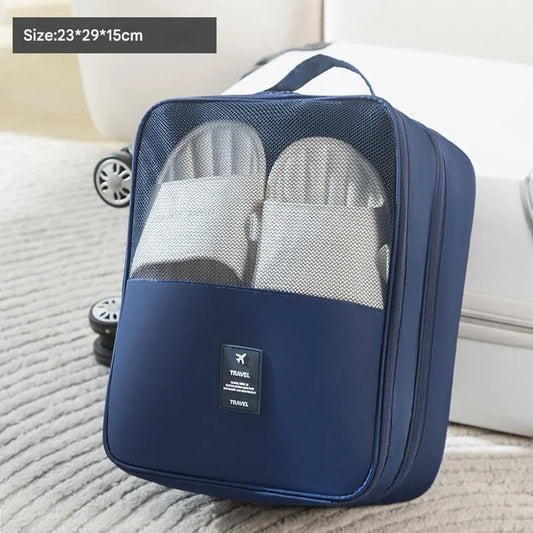 2 Pcs Dark Blue Waterproof Foldable Travel Shoe Storage Bag