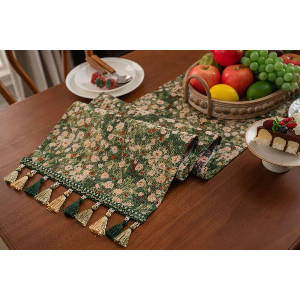 2 pcs Floral Table Runner with Tassels - Jacquard Green