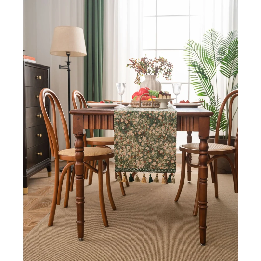 2 pcs Floral Table Runner with Tassels - Jacquard Green