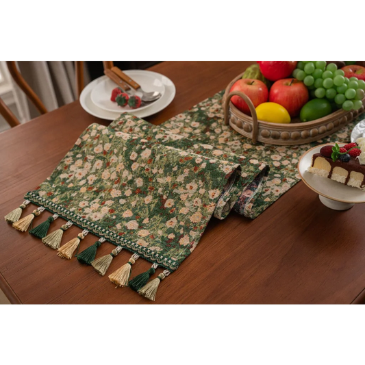 2 pcs Floral Table Runner with Tassels - Jacquard Green