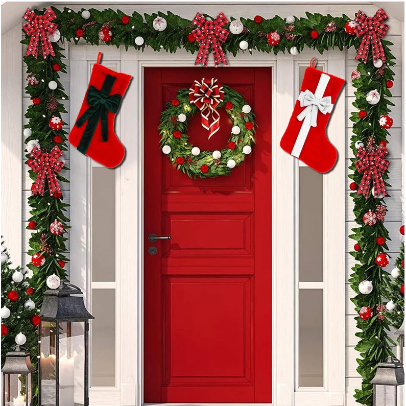 2 Pcs Red Stitching Green Bow Luxurious Velvet Christmas