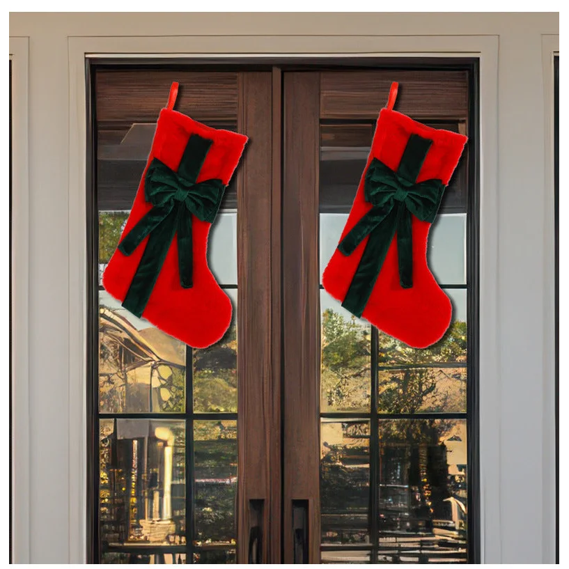 2 Pcs Red Stitching Green Bow Luxurious Velvet Christmas