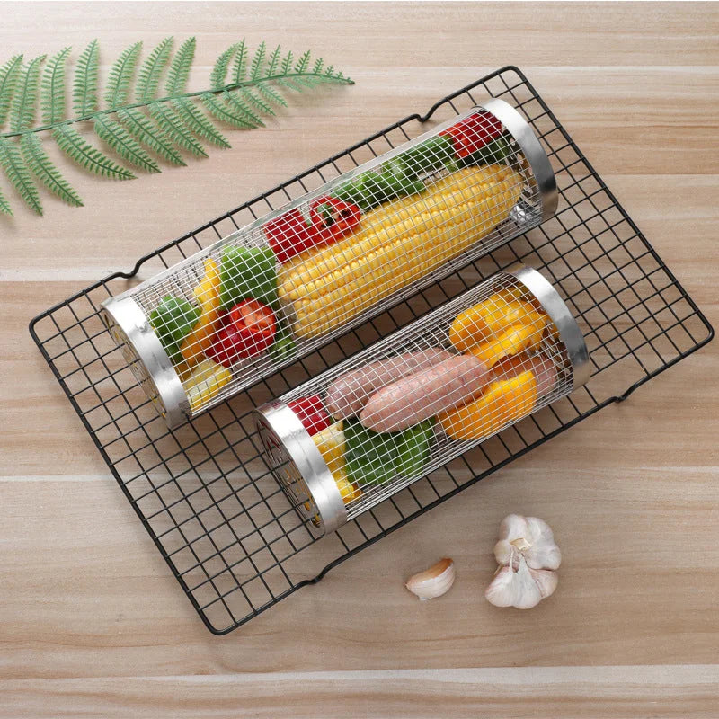 2 Pcs Size L Silver Rolling Stainless Steel BBQ Grill
