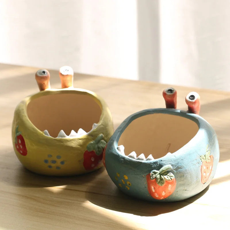 2 Pcs Yellow Whimsical Monster Ceramic Succulent Planter