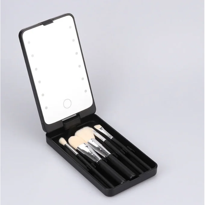 2-Piece Black Portable LED Makeup Mirror with Brush