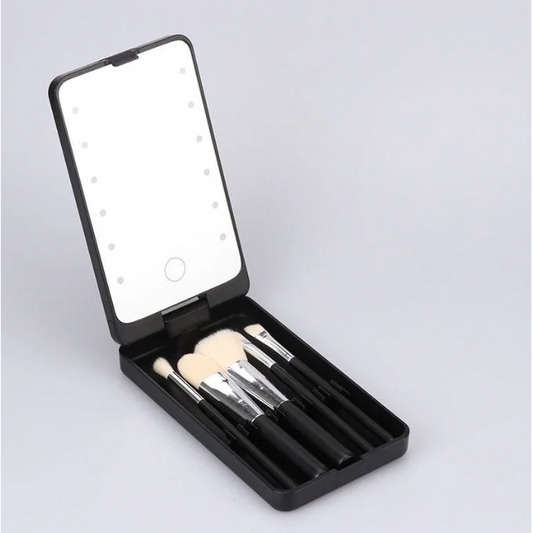 2-Piece Black Portable LED Makeup Mirror with Brush
